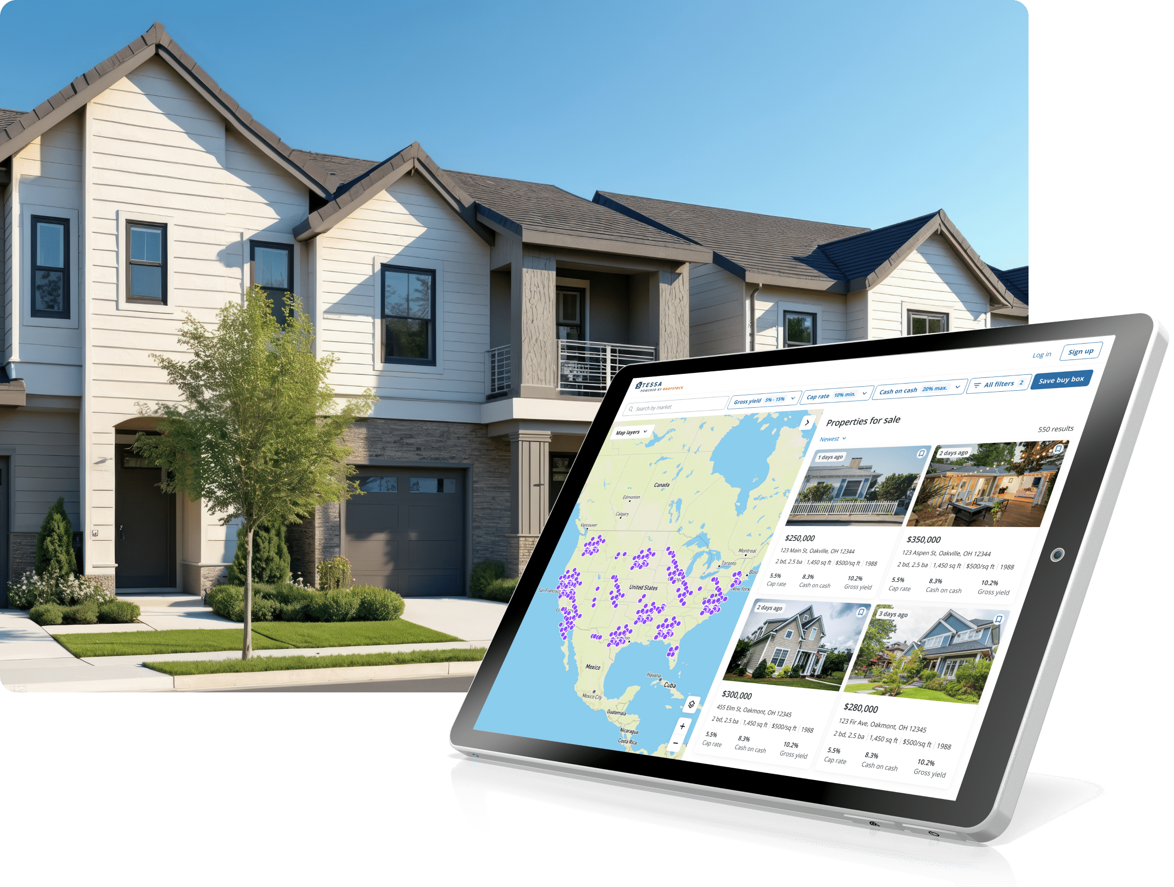 Duplexes and a tablet showing the investment property marketplace