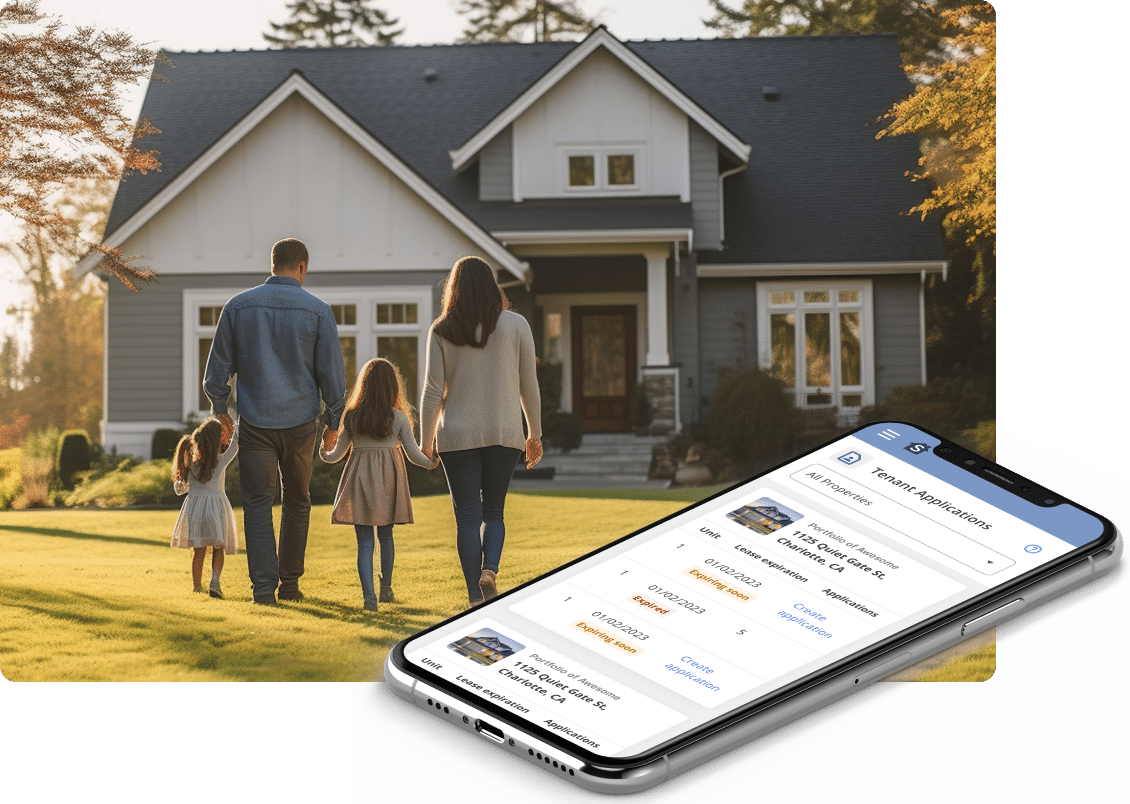 Family in front of home with phone